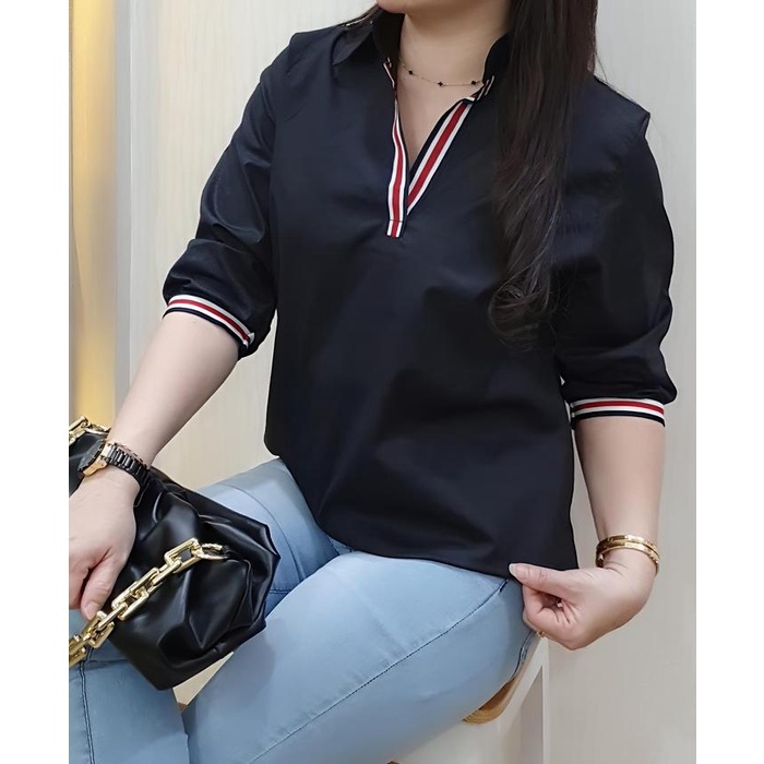 Kemeja Wanita Putih Casual Cotton Stretch V-Neck Kemeja Korea Kemeja Putih Baju Katun - Atasan Putih