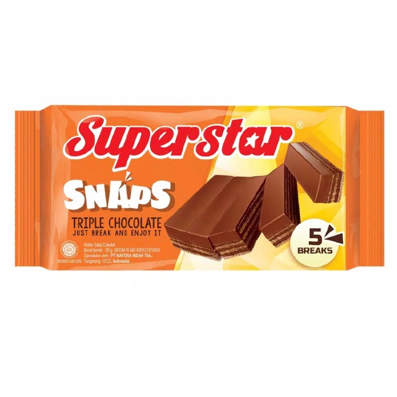 

HJ SUPERSTAR SNAPS ISI 12 x 28 GRAM 1 BOX TRIPLE CHOCOLATE BISKUIT WAFER KUE CEMILAN ANAK GROSIR