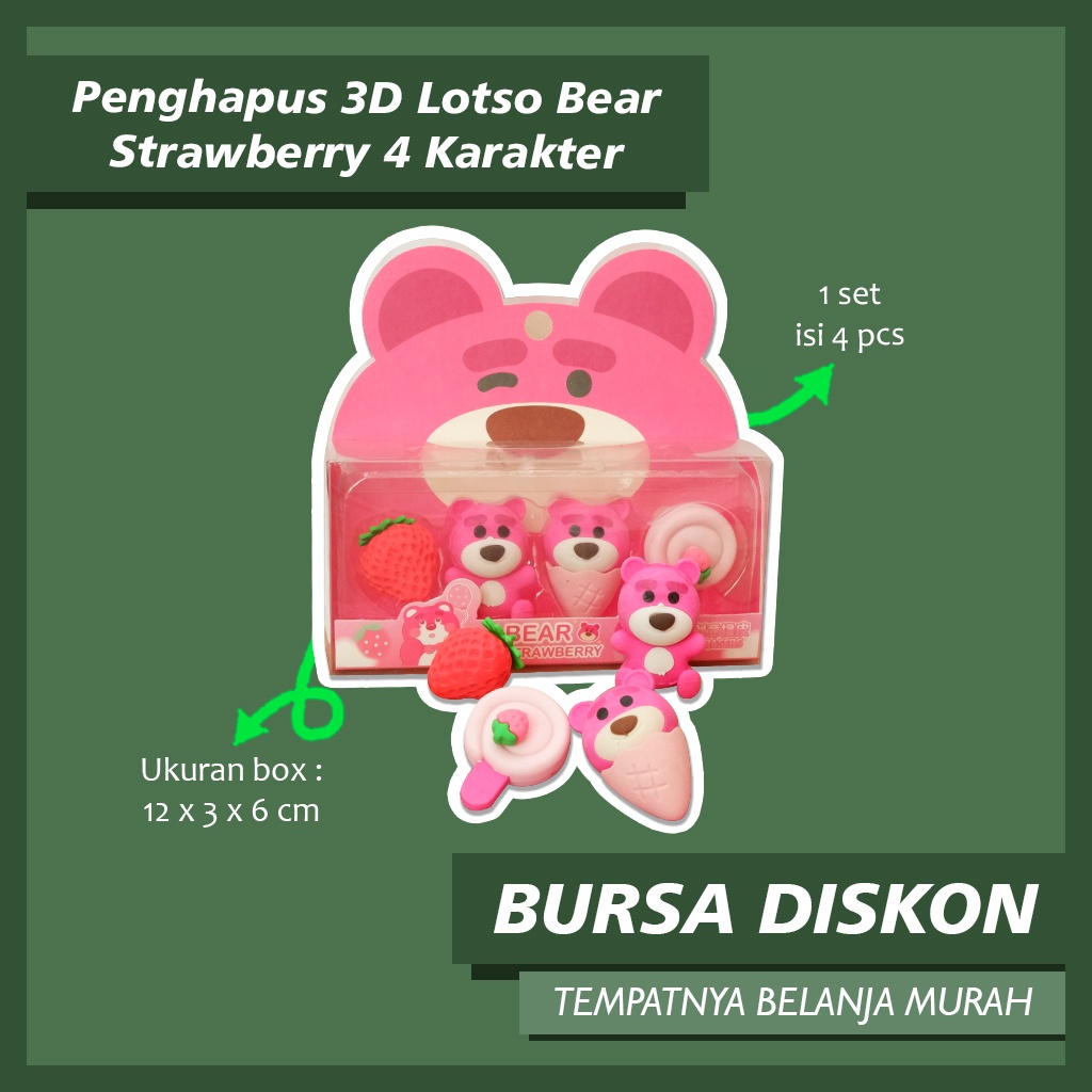 

Penghapus 3D Lotso Bear Strawberry 4 Karakter Eraser Setip Stip Hapusan