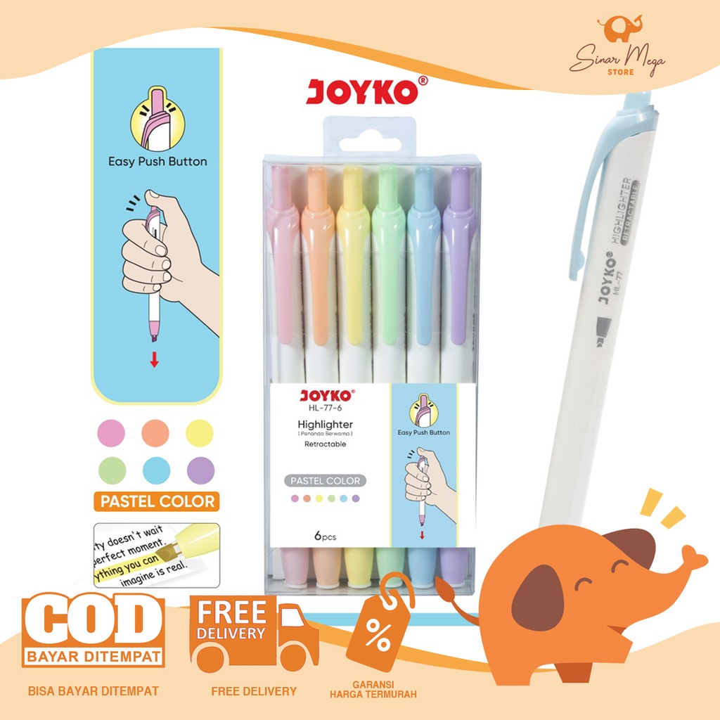 

Joyko Highlighter HL-77-6 1 Set Isi 6Pcs / Penanda 6 Warna Pastel Color Lucu Unik Murah