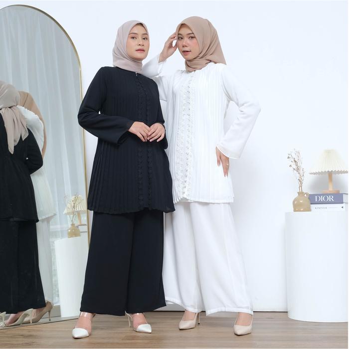 New Produk Blus Janna Plisket Lengan Panjang Blus Chiffon Hitam Putih Premium Blus Muslim Formal