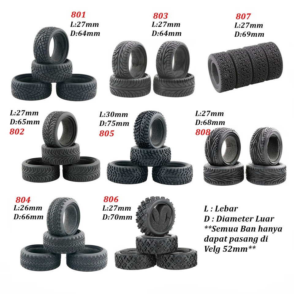 IK 4 pcs Ban Mobil RC Skala 1:10 untuk Velg 52mm