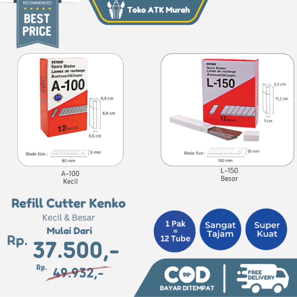 

1 BOX KENKO Cutter Blade Refill Isi Pisau Pemotong L-150 (Besar) / A-100 (Kecil)