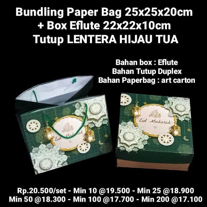 

pernakpernik- Bundling Paper Bag 25x25x20cm + Box Eflute 22x22x10cm Tutup Lebaran