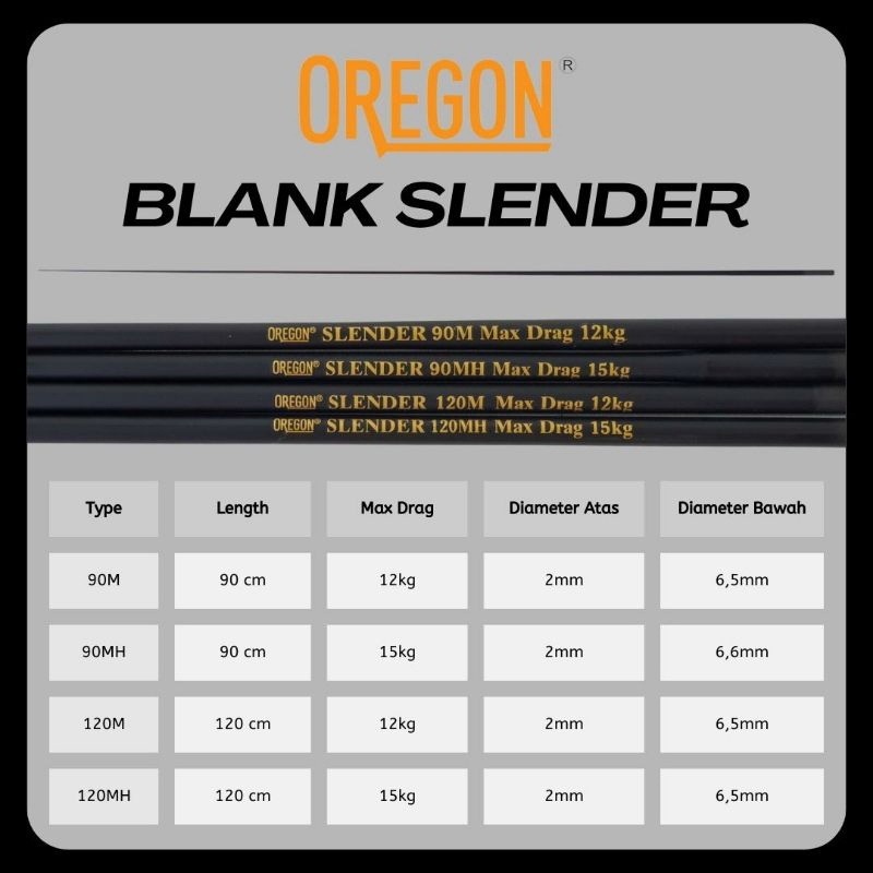 carbon solid oregon slender 90cm 120 cm| type m dan mh  max drag 12 kg & 15 kg | oregon slender 90 o