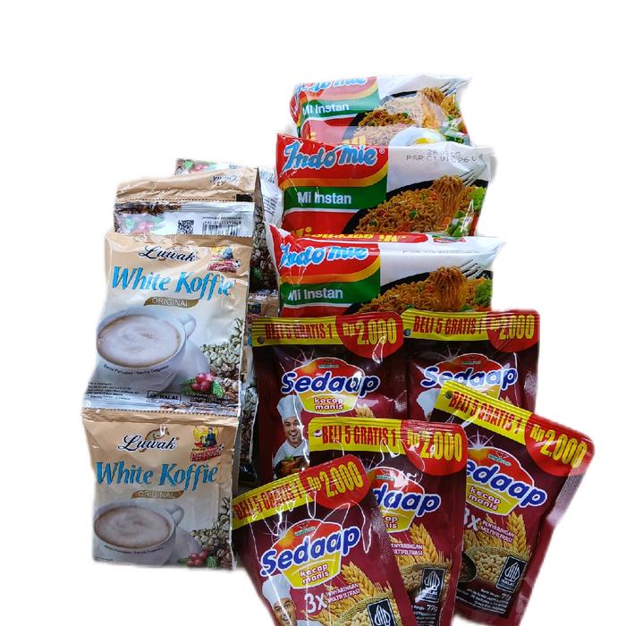 

Wdo - Paket Hemat (10 Pcs Luwak White Koffie + 3 Pcs Indomie Goreng +6 Pcs Kecap Sedap Coffee Kopi