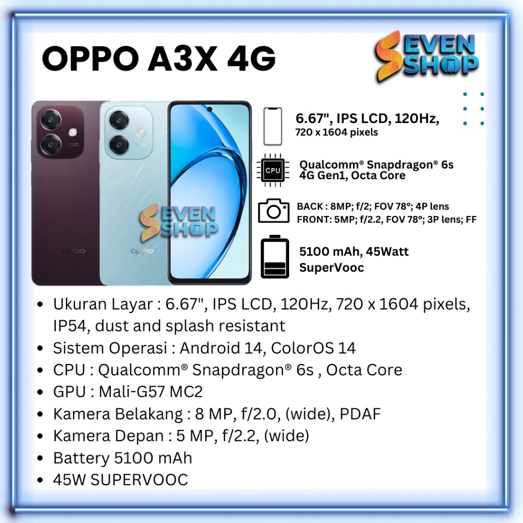 Oppo A3x 4G RAM 4+4/64GB 5100mAh 4+4/128GB 6+6/128GB Garansi Resmi