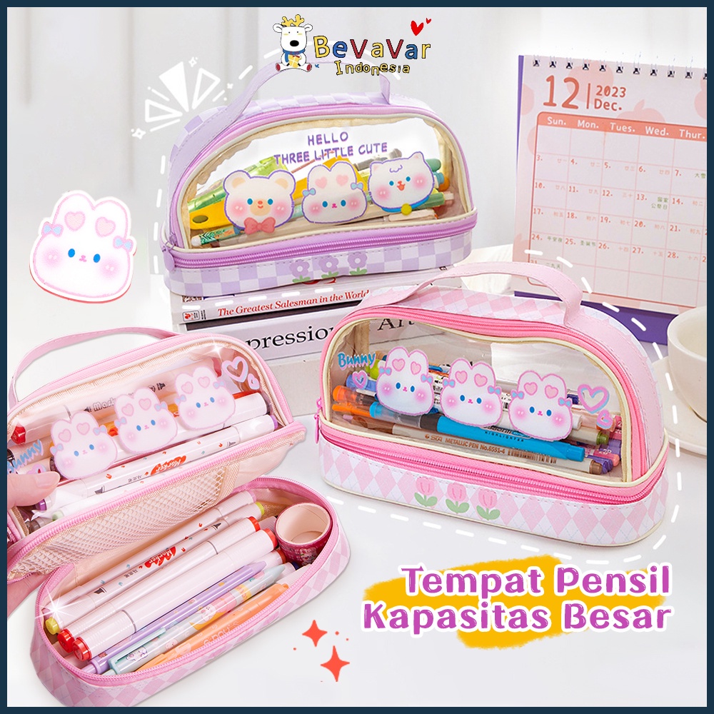 

BEVAVAR Tempat Pensil Dua Lapis Transparan Tas Pensil Motif Lucu Pencil Case Korea Kartun Pen Bag