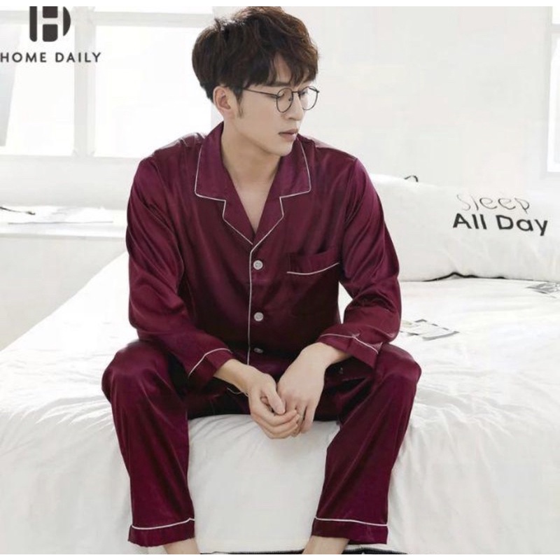 PROMO / BAJU TIDUR COWOK DEWASA IMPORT SATIN PIYAMA PRIA JUMBO MOTIF KANCING SET CELANA PANJANG