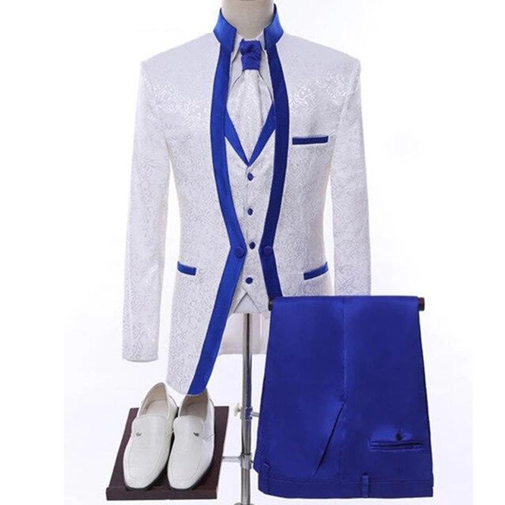 White Royal Blue Men Suit For Wedding Groom Tuxedos Shawl Collar Formal Jacket Male Blazer Pants