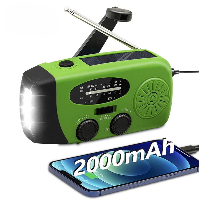 Emergency Portable Radio 2000Mah Solar Hand Crank Cell Phone Charger Am/Fm Radio Led Flashlight