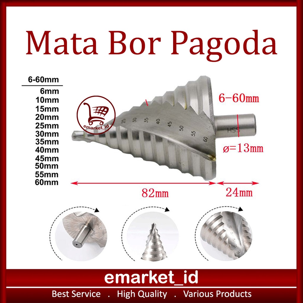 Mata Bor Pagoda 6-60mm / Step Dril Drill Spiral / Kerucut Cone Besi Kayu Plastik AY0