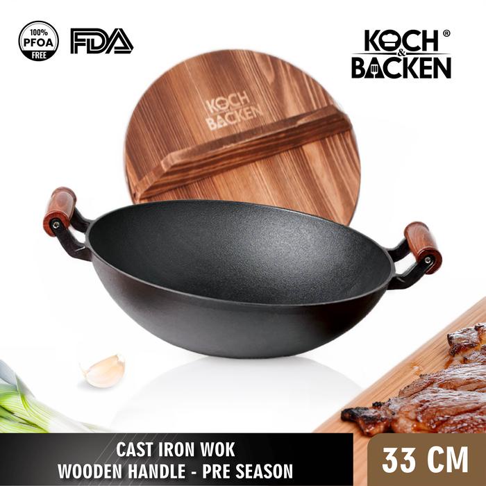 KOCH&BACKEN Cast Iron Wok Flat Bottom With Wooden Handle and Lid 33cm- Wajan Penggorengan Panci Besi