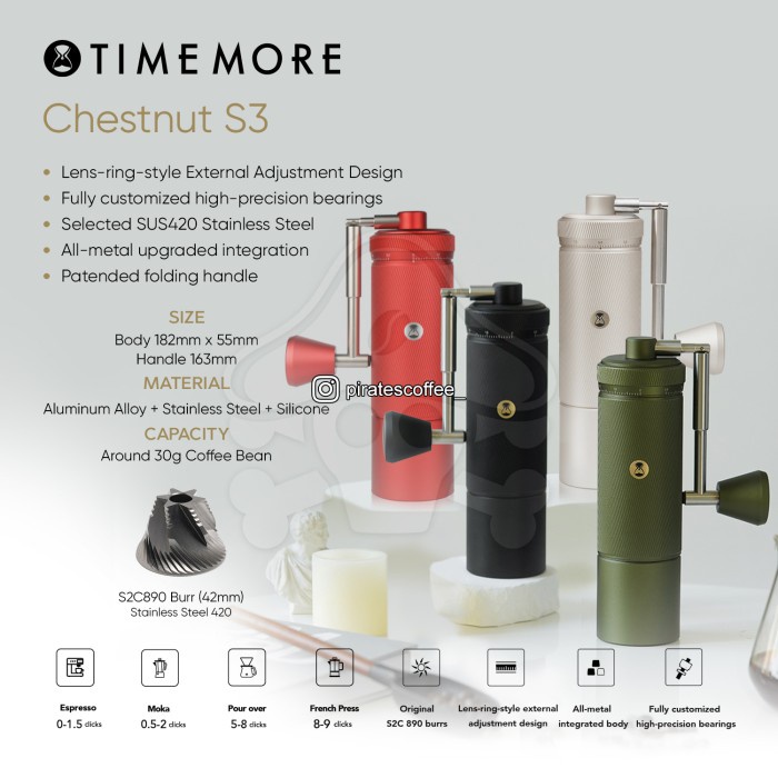 Timemore Chestnut S3 Manual Hand Coffee Grinder - Alat Giling Kopi