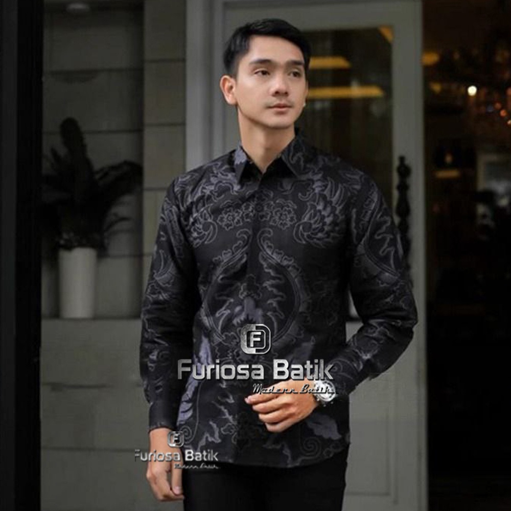 PROMO / Furiosa Batik Shopee Mall Mahkota Abu Kemeja Batik Pria Lengan Panjang Ukuran M L XL XXL