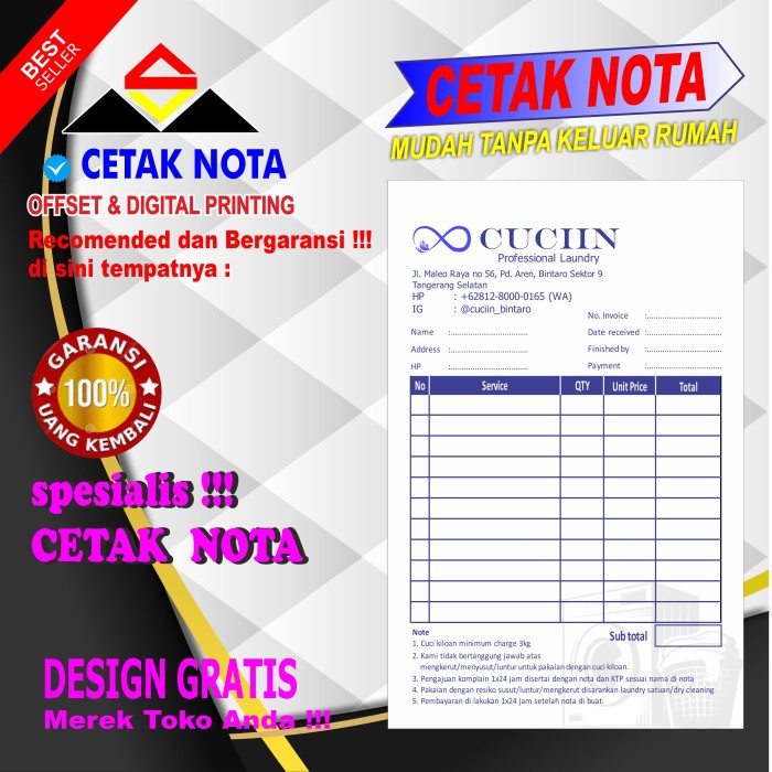 

TERBARU! Nota Custom 40 buku HVS 1 ply 1/4Folio