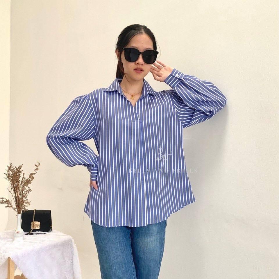 {{ Violeta Kemeja Stripes Salur / Blouse Wanita Cotton Casual Look / Atasan Kemaja Kantor