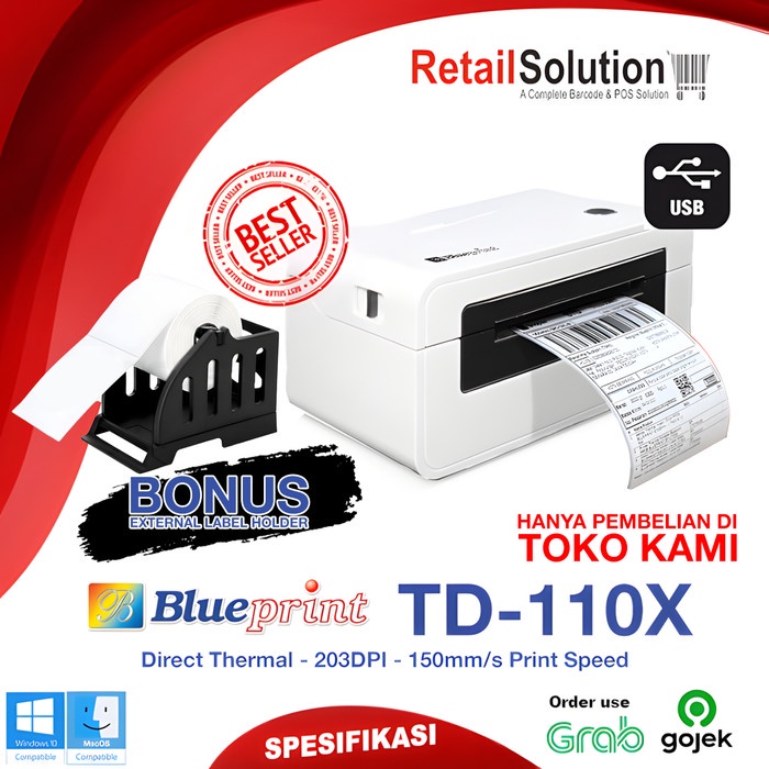 Ready Printer Barcode Label Thermal USB - Blueprint TD110X / TD-110X