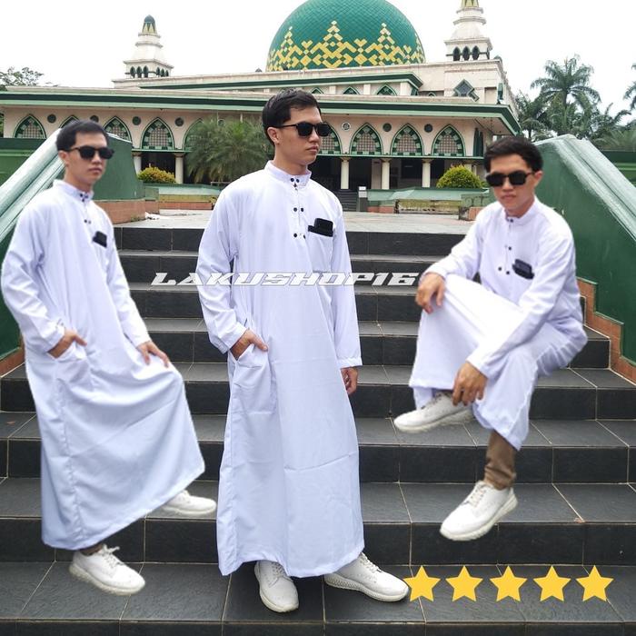 Jubah Putih Pria Dewasa Baju Muslim Koko Sholat Jubah Kurta Pakistan Lengan Panjang Jumbo