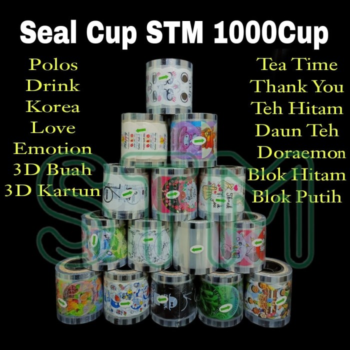 PREMIUM Lid Seal Cup plastik Roll 1000cup Motif Polos Drink Blok Hitam Putih Korea Love Doraemon