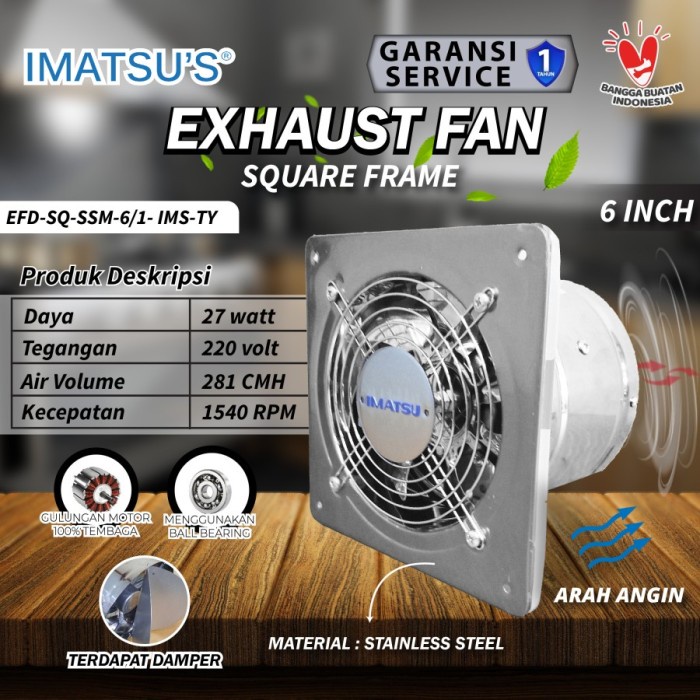 Exhaust Drum Fan Square Frame Imatsu 6 Inch EFD-SQ-SSM-6/1-IMS-TY Stainless Steel