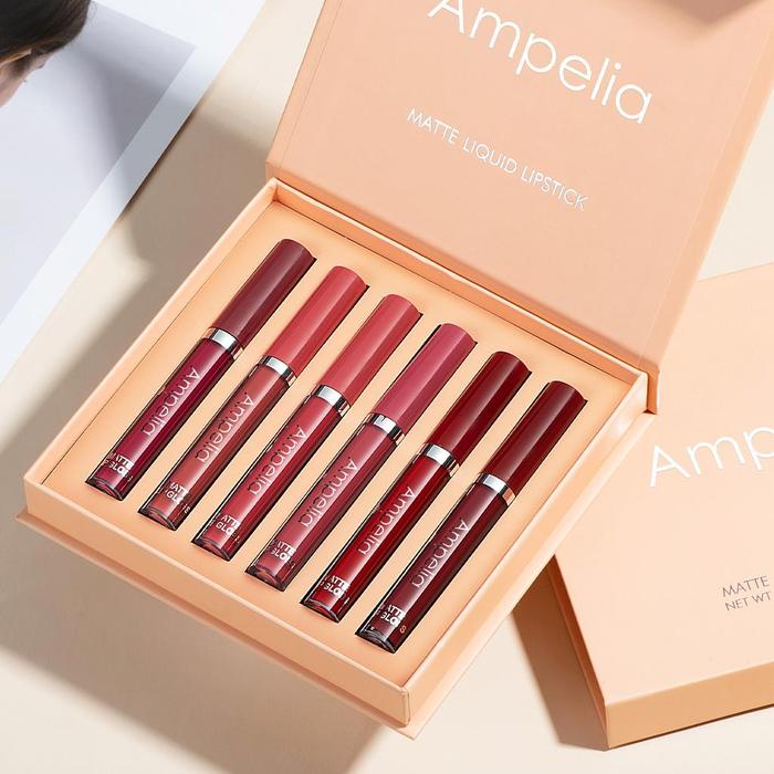 BpomAmpelia Lipstik Matte 6 Warna Makeup Lipstik Set Lip Gloss Pelembap Bibir Lembut Tahan Lama