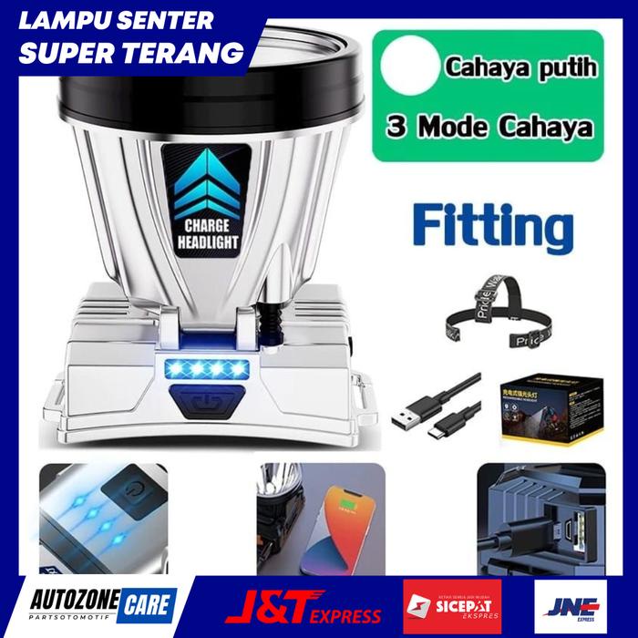 (Cod) Senter Kepala Super Terang Dengan Power Bank Camping Lampu Baterai Usb Terbaru