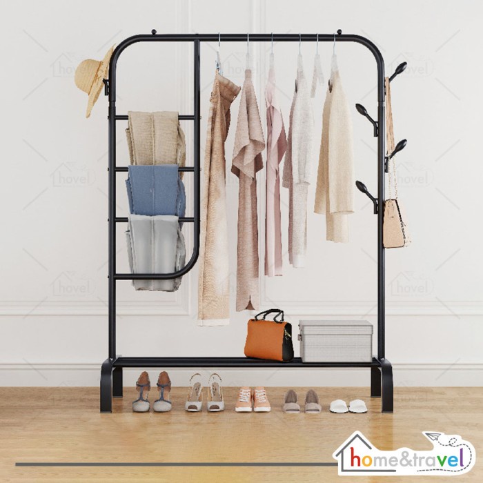 HOVELSHOP Rak Baju Jilbab Tas Sepatu Full Besi Kuat Hitam Putih Stand