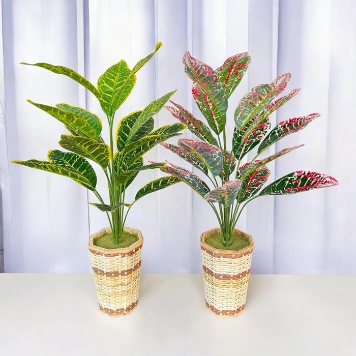 Bunga hias daun 12 kuntum set pot rotan bunga pelastik Hiasan Plastik