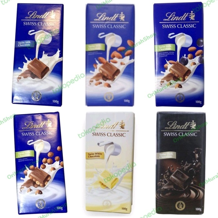 

LINDT SWISS CLASSIC CHOCOLATE MILK ALMOND HAZELNUT RAISIN DARK COKLAT