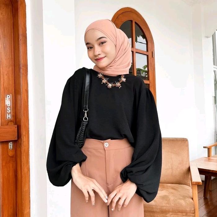 NOVA BAJU BLOUSE CRINKLE AIRFLOW - BLOUSE LENGAN BALON JUMBO OVERSIZE-ATASAN WANITA KEKINIAN HITAM