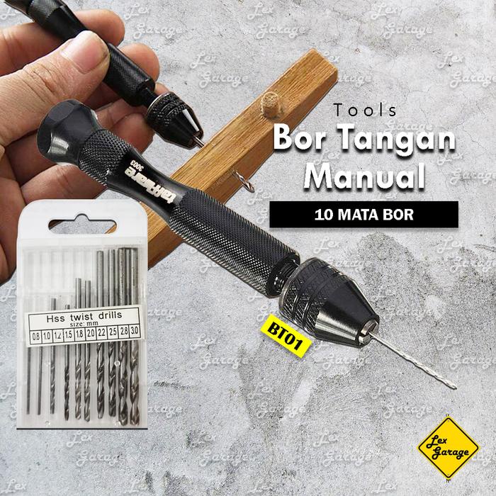 Bor Tangan Manual Mini Hand Drill + 10 Mata Bor Set Kayu Besi HSS