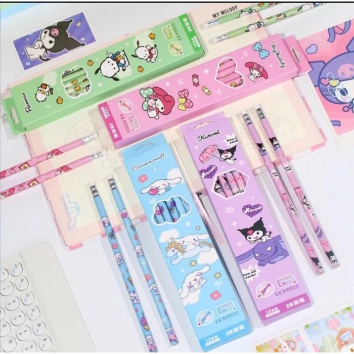 

12 buah pensil Sanrio Kawaii Mymelody Kuromi Cinnamoroll Korea pelajar