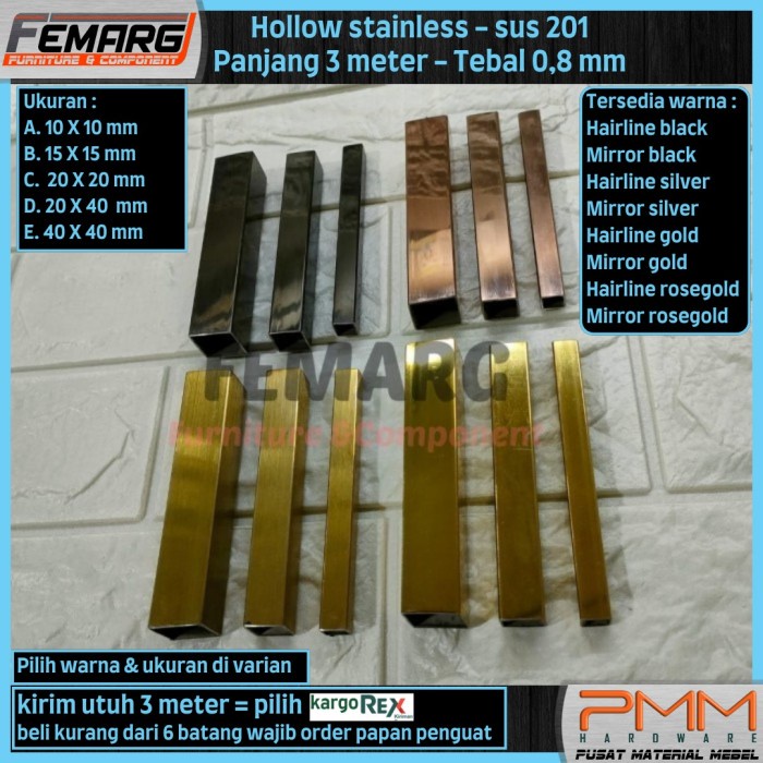 HOLLOW STAINLESS 20X20mm FEMARG SUS 201 MIRROR GOLD ROSE GOLD BLACK