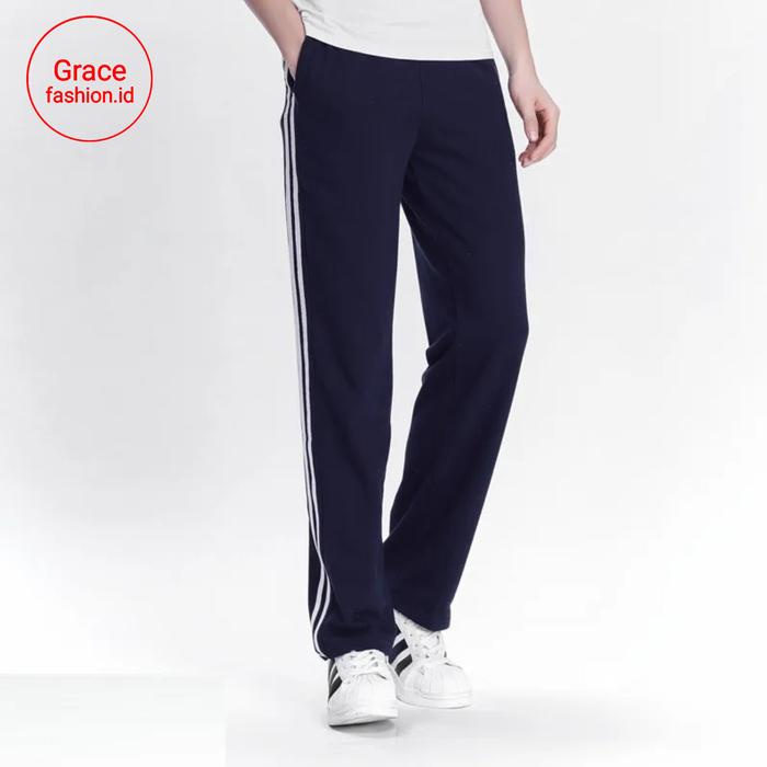 (Unisage) Celana Kolor Training Wanita Pria Dewasa Panjang List Garis 3 Putih Tebal Harian Olahraga