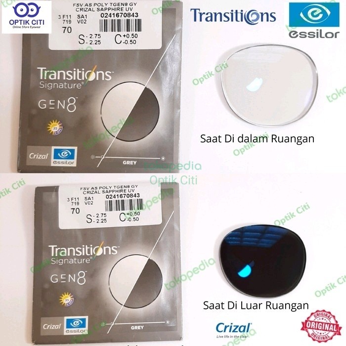Lensa Photochromic Crizal Essilor Transition Gen 8 Airwear 1.59 Grey