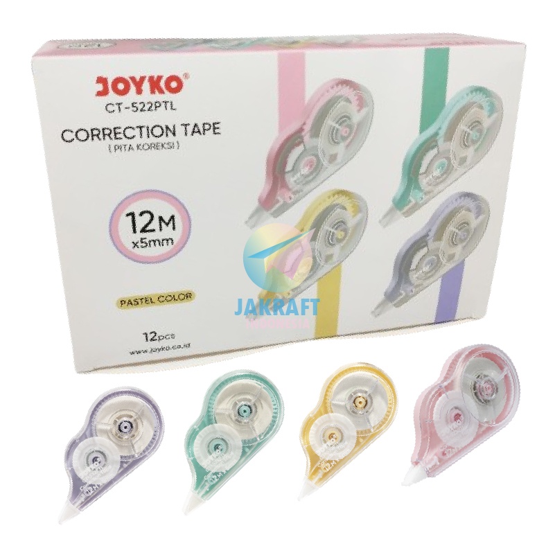

(12 Pcs) GROSIR Correction Tape JOYKO CT-522PTL Warna Pastel Tip-X Tip Ex Pita 12 Meter isi Lebih