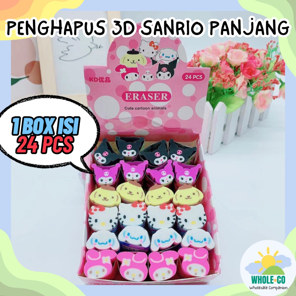 

(1 Box isi 24 Pcs) Penghapus 3D Sanrio Panjang Premium Lonjong Karakter Melody Kuromi Hello Kitty