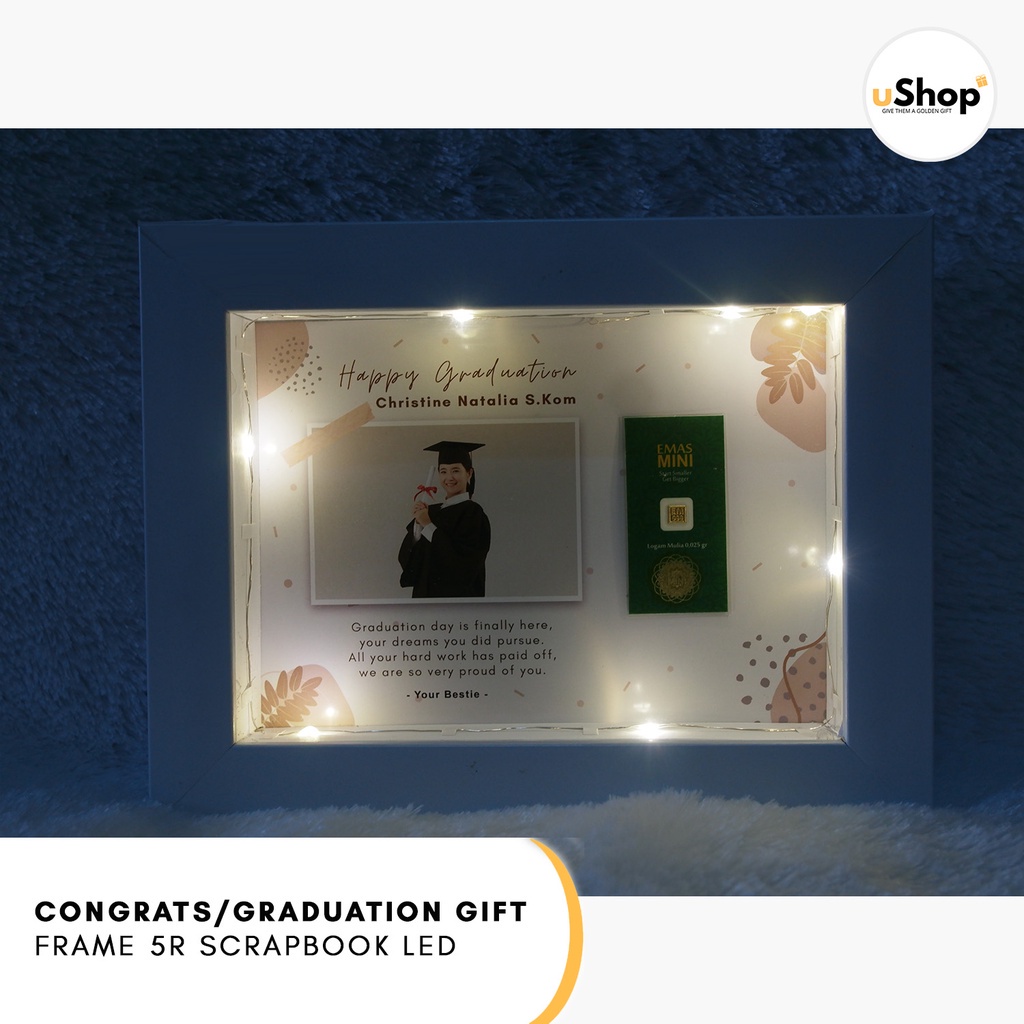 UM1 Graduation Congratulation Gift Kado Wisuda Frame 5R Scrapbook LED Logam Mulia Emas Mini