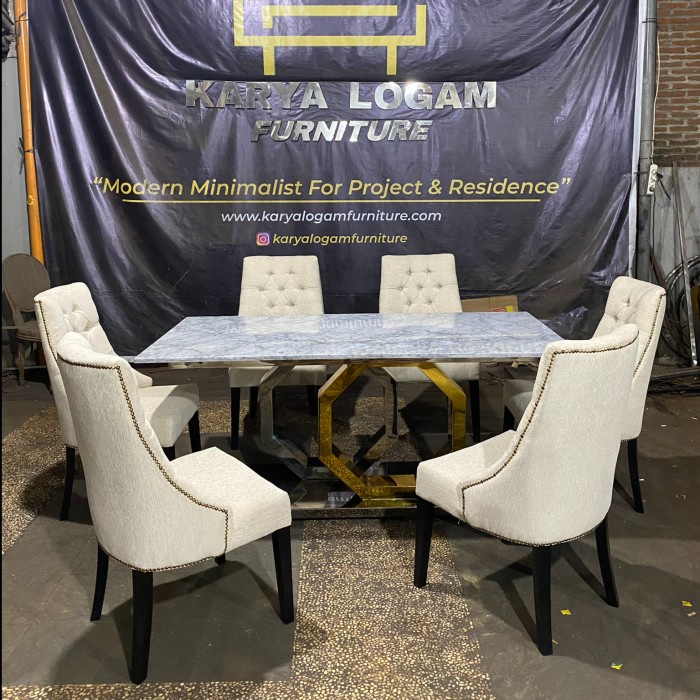Set Meja Makan Minimalis Stainless Top Marmer - Dining Table DT-54 - 160x80 4Kursi