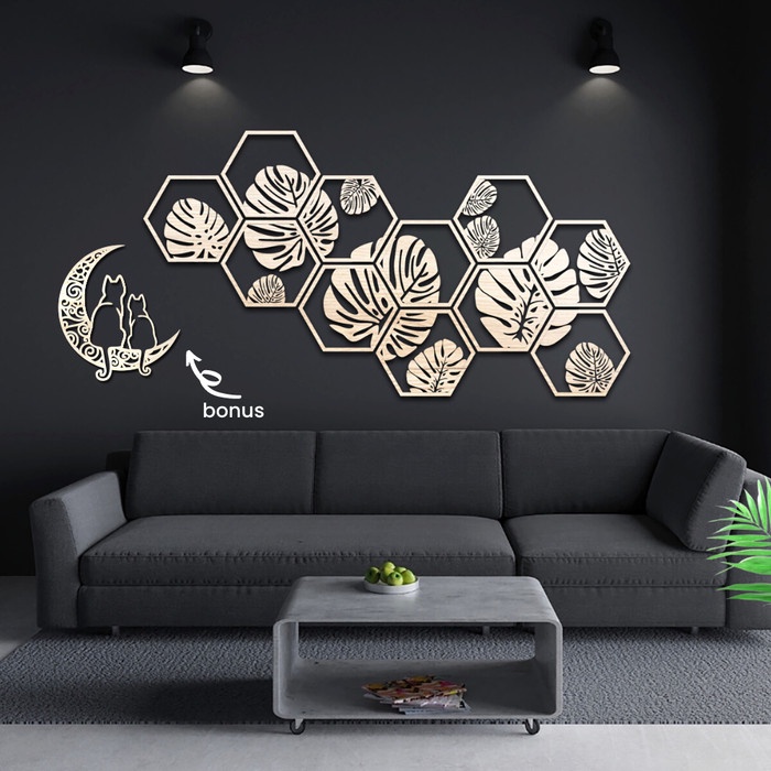 Dekorasi Dinding Kayu Classic Monstera Hexagonal 1.4M Hiasan Ruang
