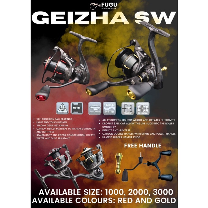 Ready Reel Pancing Fugu Geizha SW Ukuran 1000-3000 Power Handle Free Twin Handle Reel Stand Spool