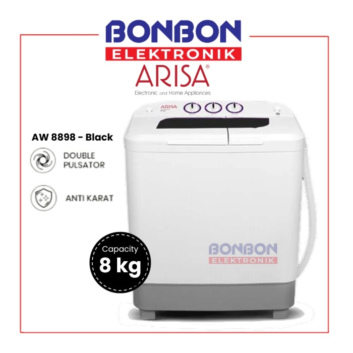 ARISA Mesin Cuci 2 Tabung 8Kg AW 8898 / Twin Tub AW-8898 Black