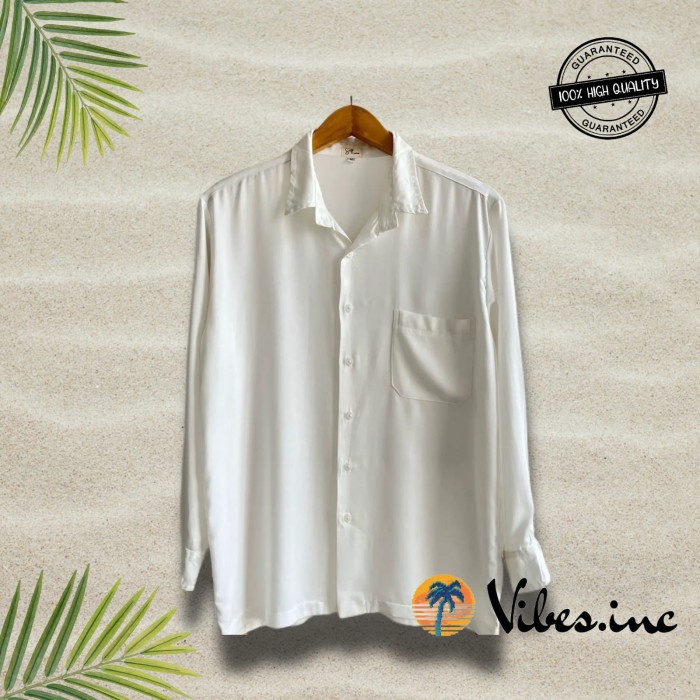 Zeno-Kemeja Hawai Pantai Casual Pria Wanita Polos Putih (Lengan Panjang)