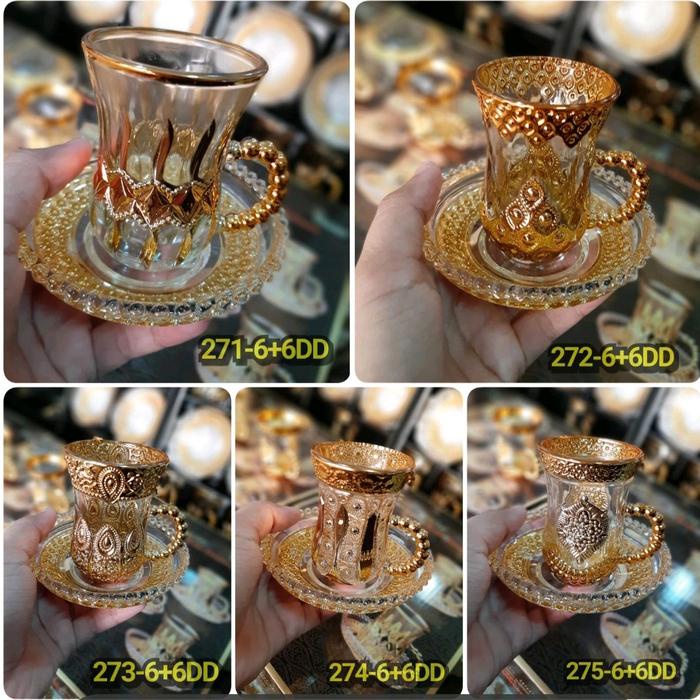 TERLARIS SET CANGKIR + TATAKAN arab kombinasi gold gelas turki CANGKIR TEH arab Tea set bahan kaca