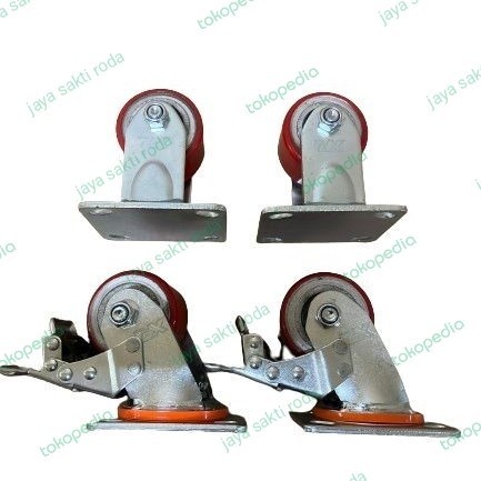 Best Seller Roda Pu Merah Heavy Duty 3 Inch ( 2 Hidup + Rem + 2 Mati )
