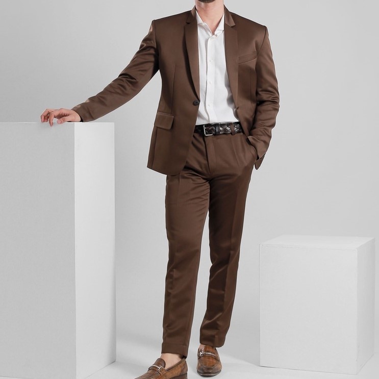 3 In 1 Set Jas Formal Pria Tuxedo Warna Coklat Cokelat Setelan Pria Blazer Rompi Vest Celana Bahan