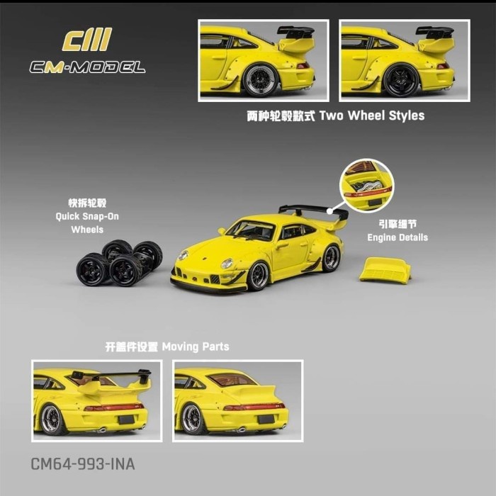 PROMO CM MODEL 1/64 PORSCHE RWB 993 YELLOW EXLUSIVE INDONESIA EXTRA RIM READY