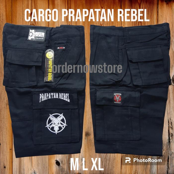 Lariss- CELANA CARGO PENDEK PRAPATAN REBEL BANDUNG ORIGINAL HITAM TANDUK PUTIH