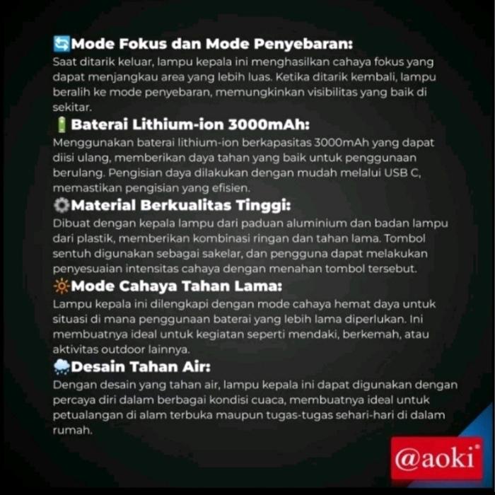 Serasiinspace Senter Kepala Aoki Led Zoom 60Wat Ak-3671A 60Wat Pro 20 Jam - Cahaya Putih